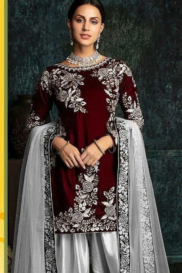 Aim Collections® Zainab Chottani Velvet Embroiderd Three Piece ZC-42 Mehroon