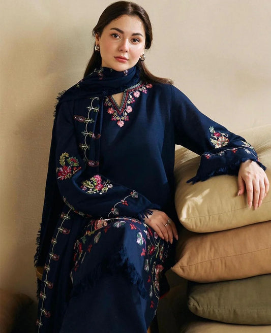 Aim Collections® Zara Shah Jhan Embroidered Dhanak Three Piece ZSJ-15 Blue