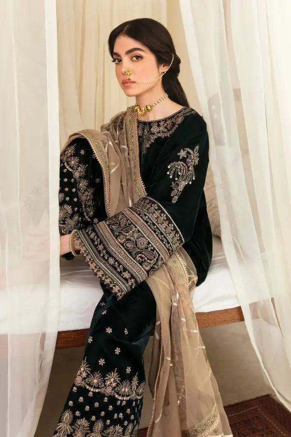 Aim Collections® Qalamkar QL-111 Velvet Embroidered Three-Piece Suit
