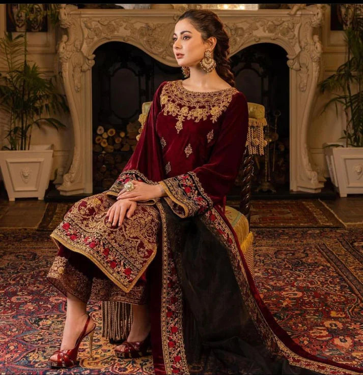 Aim Collections® Qalamkar QL-110 Velvet Embroidered Three-Piece Suit – Winter Collection
