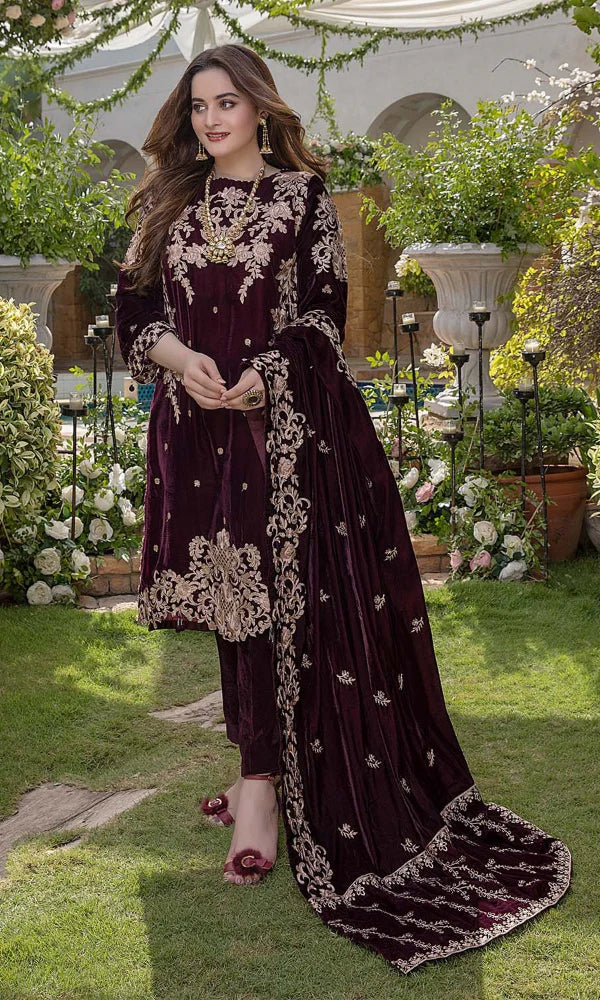 Aim Collections® Zainab Chottani ZC-111 Mehroon – Velvet Embroidered Luxury Three Piece