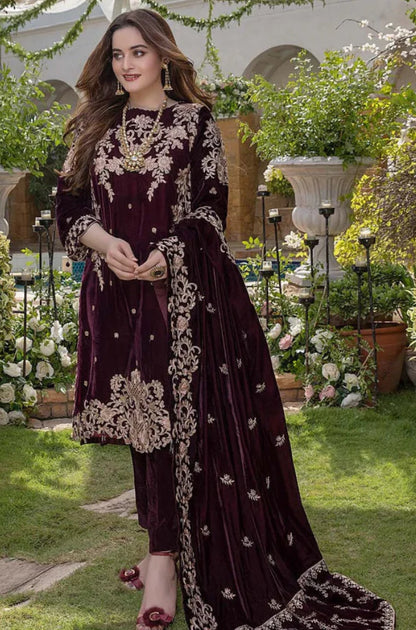 Aim Collections® Zainab Chottani ZC-111 Mehroon – Velvet Embroidered Luxury Three Piece