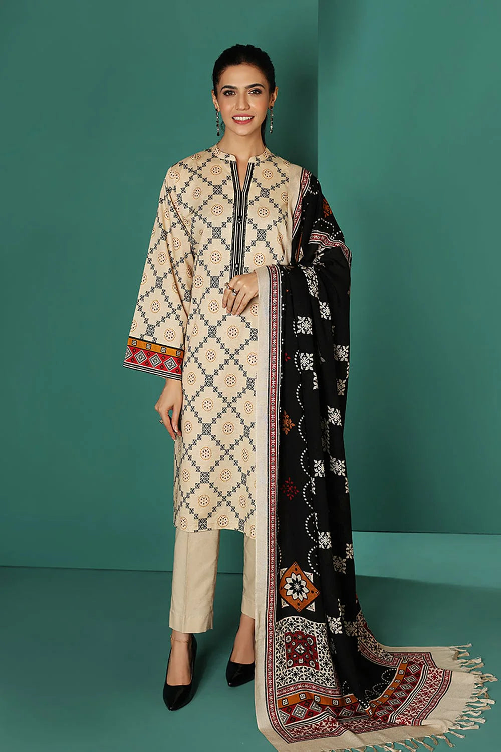 Aim Collections® Nishat 541 Skin Dhanak Embroidered three piece With Woolen Shawl