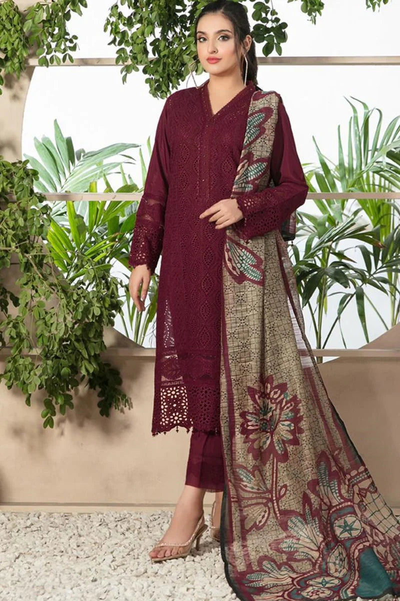 Aim Collections® Chikenkari Dhanak Embroidered Three Piece (D-762 Mehron)
