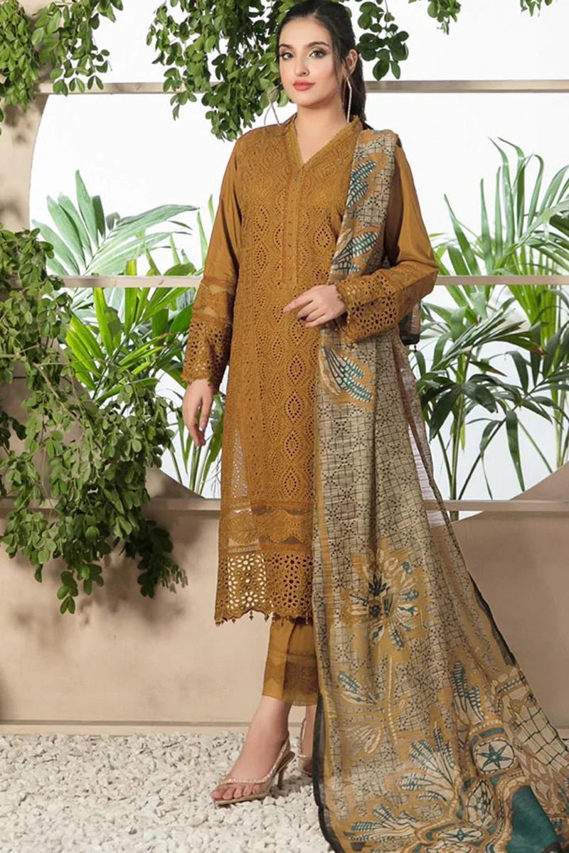 Aim Collections® Chikenkari Dhanak Embroidered Three Piece – D-762 Mustard