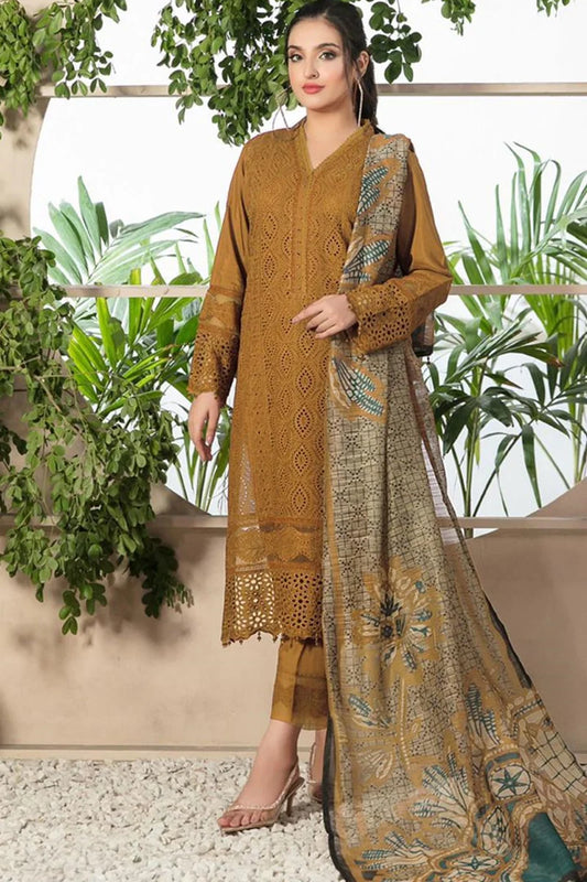 Aim Collections® Chikenkari Dhanak Embroidered Three Piece – D-762 Mustard