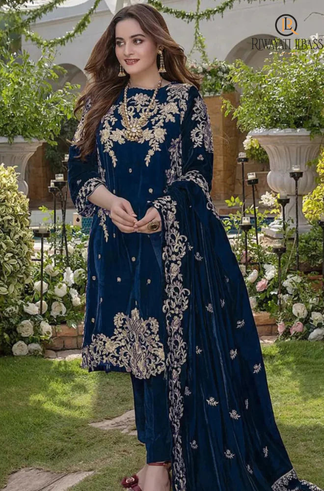 Aim Collections® Zainab Chottani Velvet Embroidered Three Piece – ZC-111 Zink