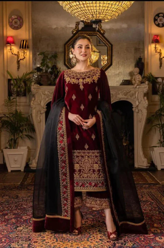 Aim Collections®  Qalamkar QL-110 Velvet Embroidered Three-Piece Suit – Winter Collection