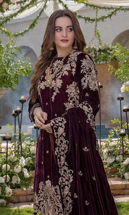 Aim Collections® Zainab Chottani ZC-111 Mehroon – Velvet Embroidered Luxury Three Piece