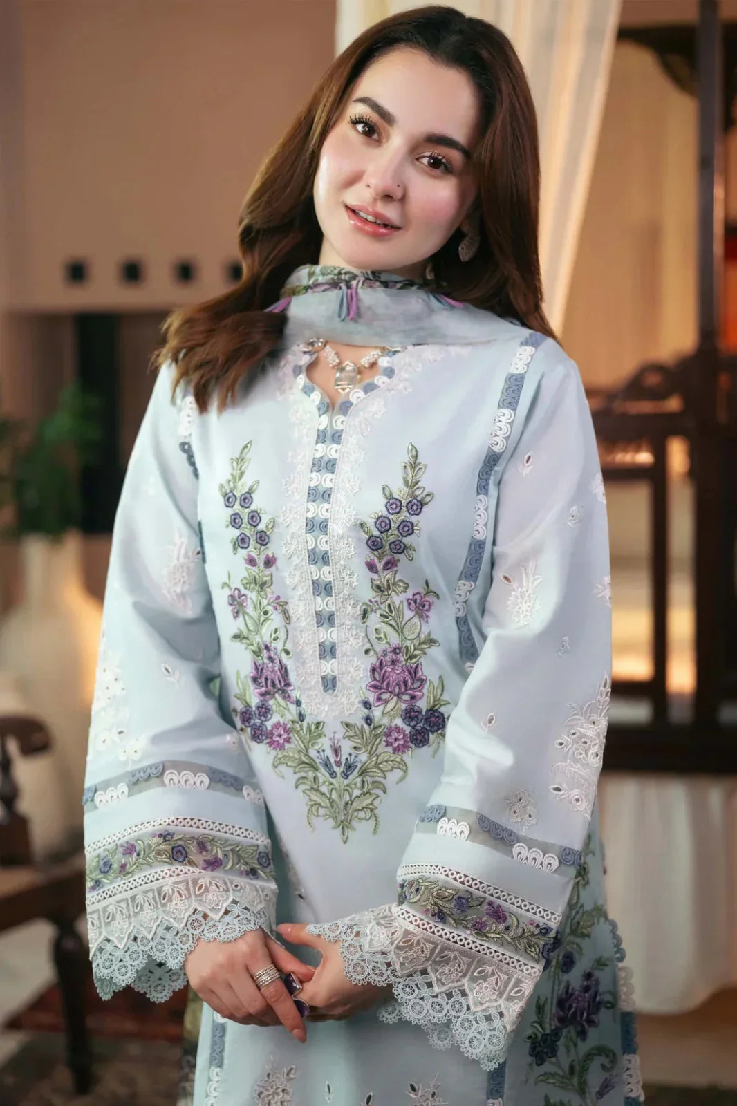 Aim Collections®  Chikankari Qalamkar Embroidered Dhanak Three Piece – QL-1028