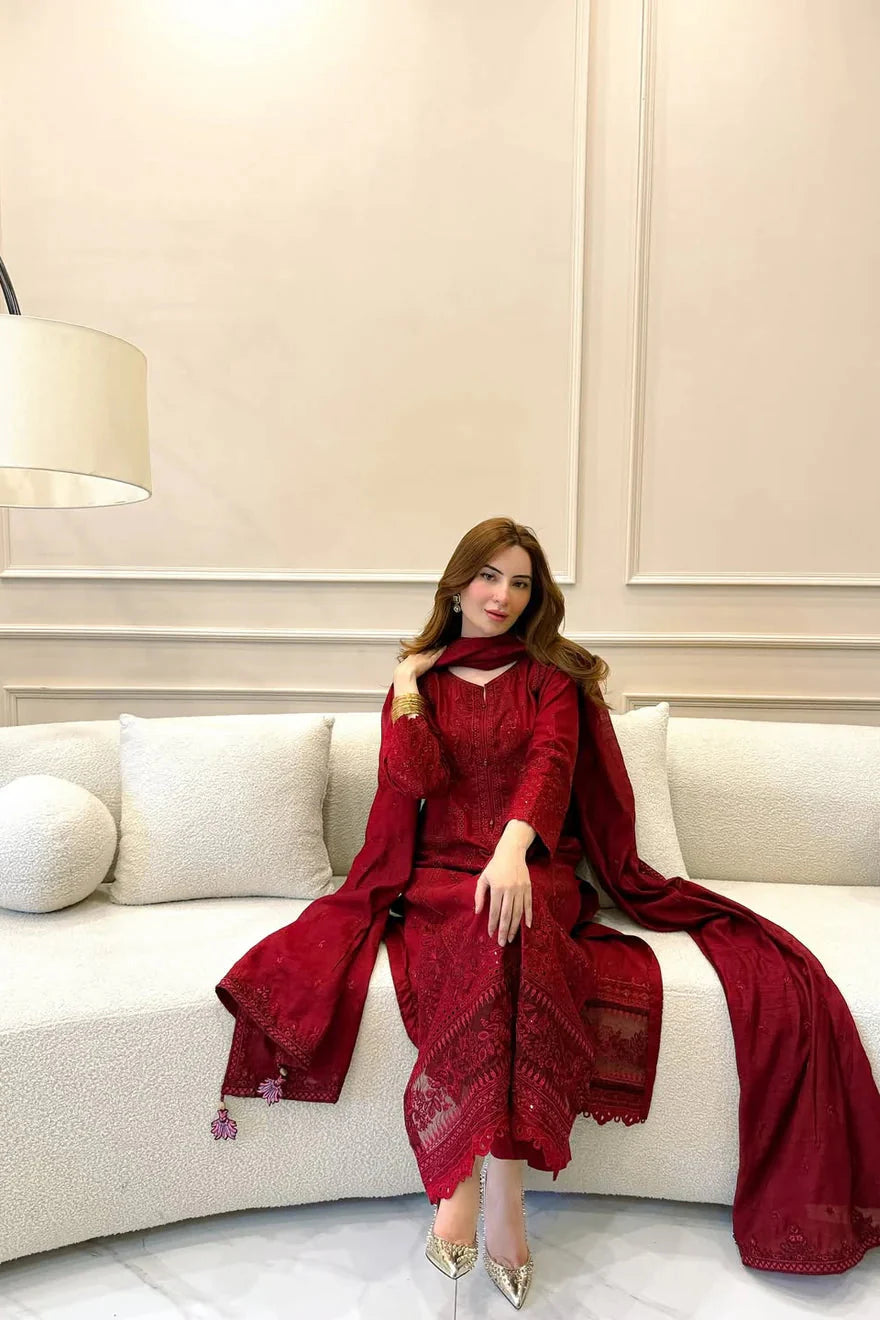 Aim Collections® Zarqash Embroidered Dhanak Three Piece – D-210