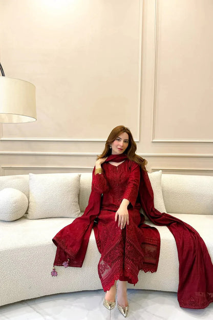 Aim Collections® Zarqash Embroidered Dhanak Three Piece – D-210