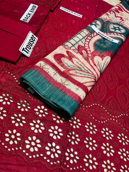 Aim Collections® Chikenkari Dhanak Embroidered Three Piece (D-762 Mehron)