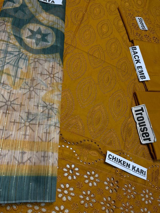 Aim Collections® Chikenkari Dhanak Embroidered Three Piece – D-762 Mustard