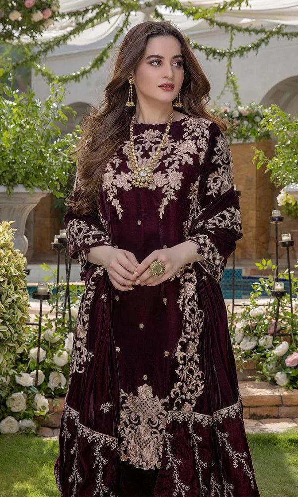 Aim Collections® Zainab Chottani ZC-111 Mehroon – Velvet Embroidered Luxury Three Piece