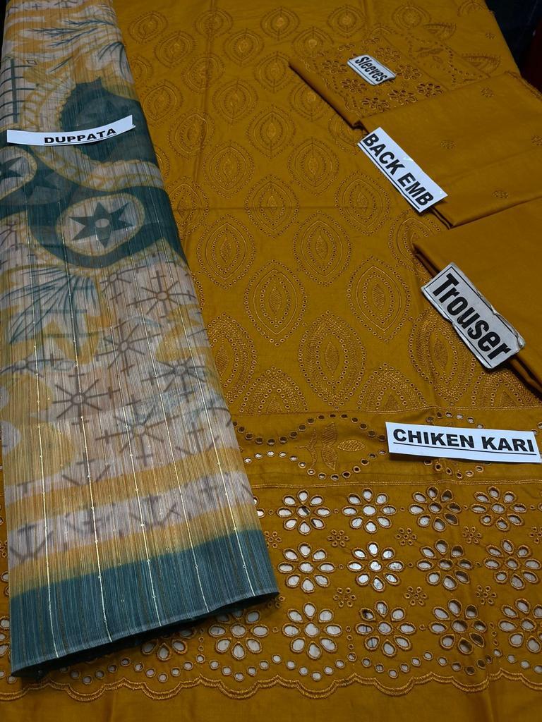 Aim Collections® Chikenkari Dhanak Embroidered Three Piece – D-762 Mustard
