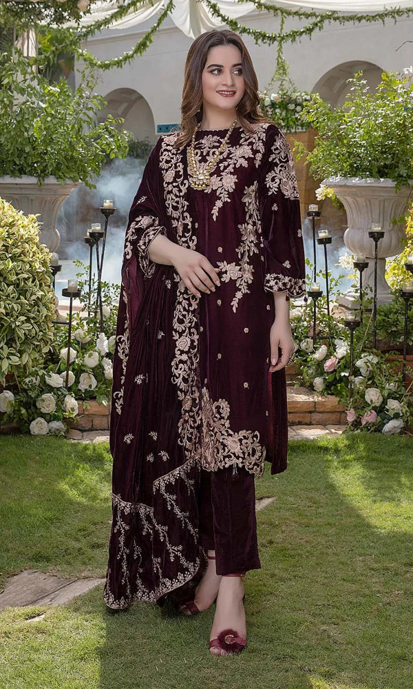 Aim Collections® Zainab Chottani ZC-111 Mehroon – Velvet Embroidered Luxury Three Piece