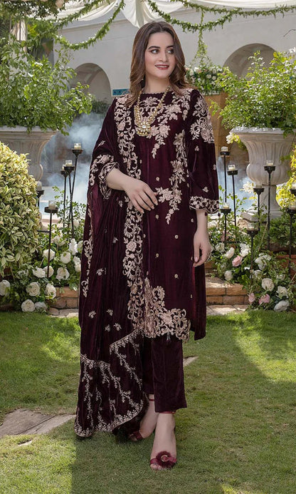 Aim Collections® Zainab Chottani ZC-111 Mehroon – Velvet Embroidered Luxury Three Piece